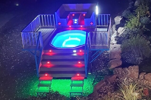 Elevated view of the Party Tub Social hot tub at night